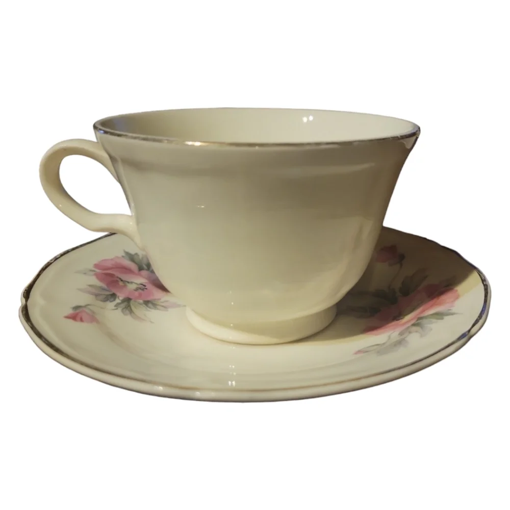 Vtg 40's Tea Coffee Cup Saucer Plate Edwin Knowles Peony Rose Pink Gold Trim